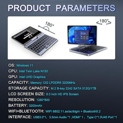 TechRobe Mini Laptop 8" 2-in-1 (2 Year Manufacture Guarantee)